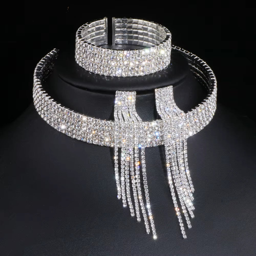 2023 Classic Elegant Tassel Crystal Bridal Jewelry Sets African Rhinestone Wedding Necklace Earrings Bracelet Sets WX081