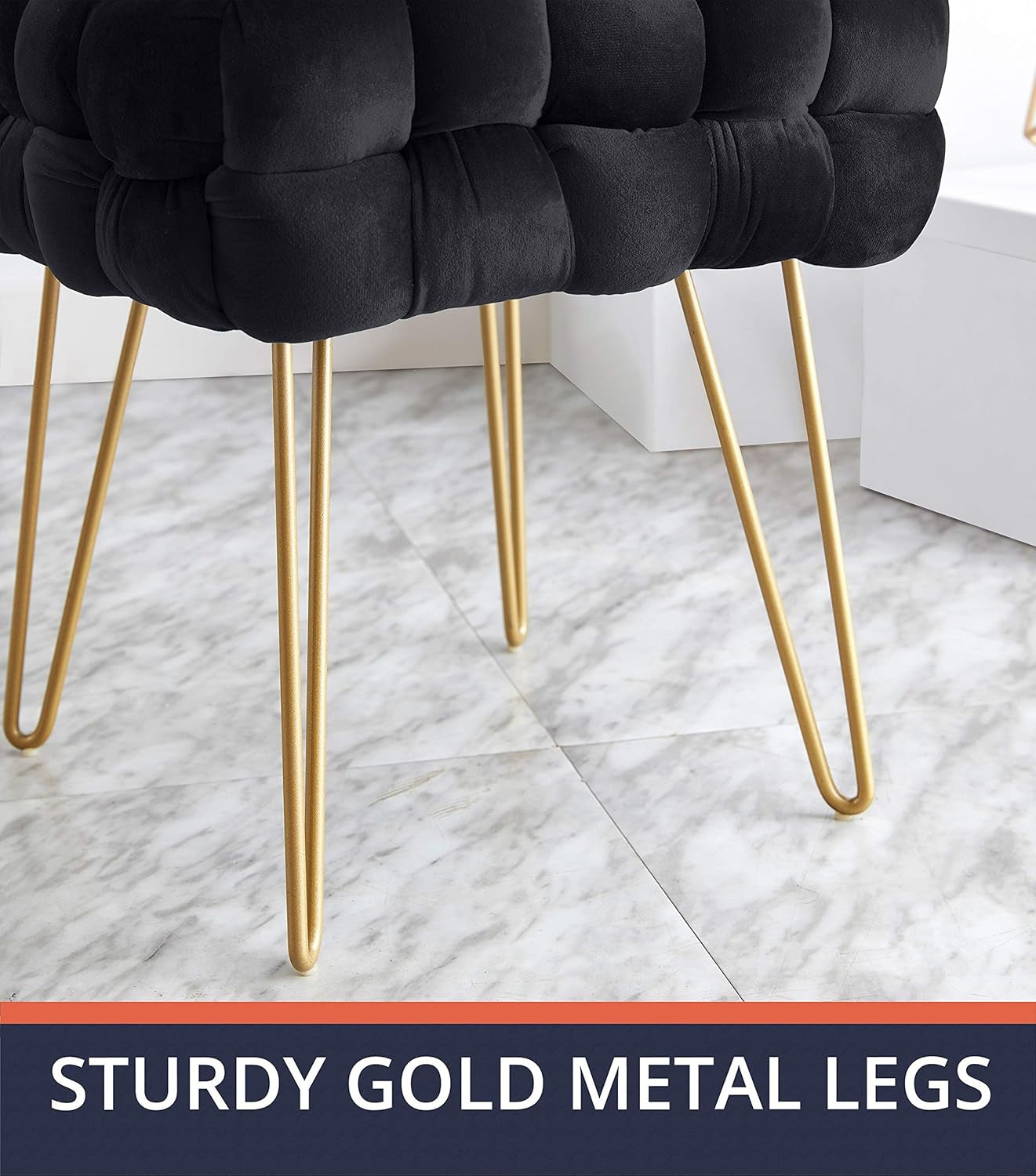 Mirage Modern Contemporary Square Woven Upholstered Velvet Ottoman with Gold Metal Legs - Black