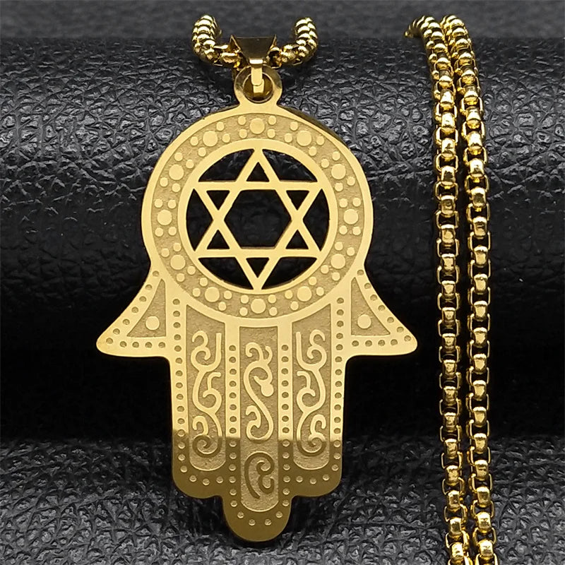 Blue Turkish Demon Eye Hamasa Hand Stainless Steel Hand of Fatima Necklace Women Men Necklace Jewelry Collares Mujer N1139S02