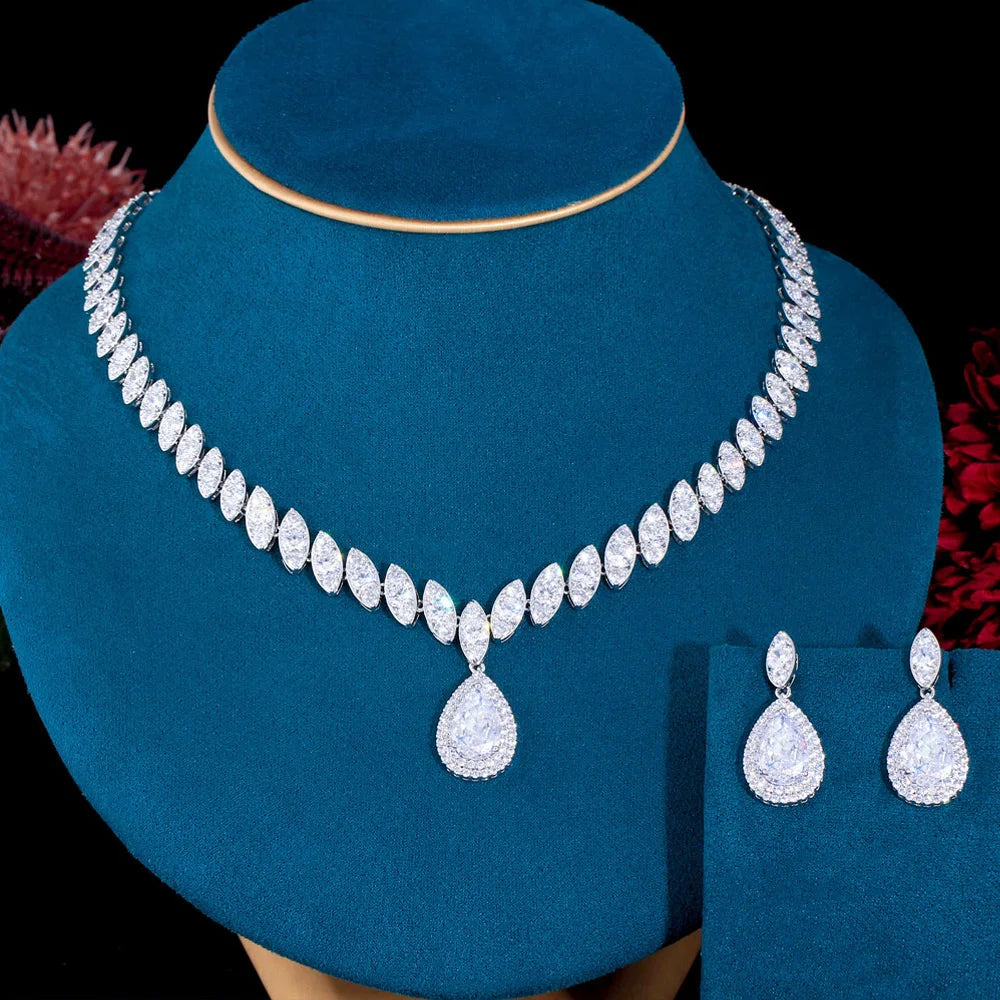 Pera Gorgeous Bridesmaid Accessories Royal Blue Cubic Zirconia Bridal Wedding Water Drop Necklace Jewelry Sets for Women J048