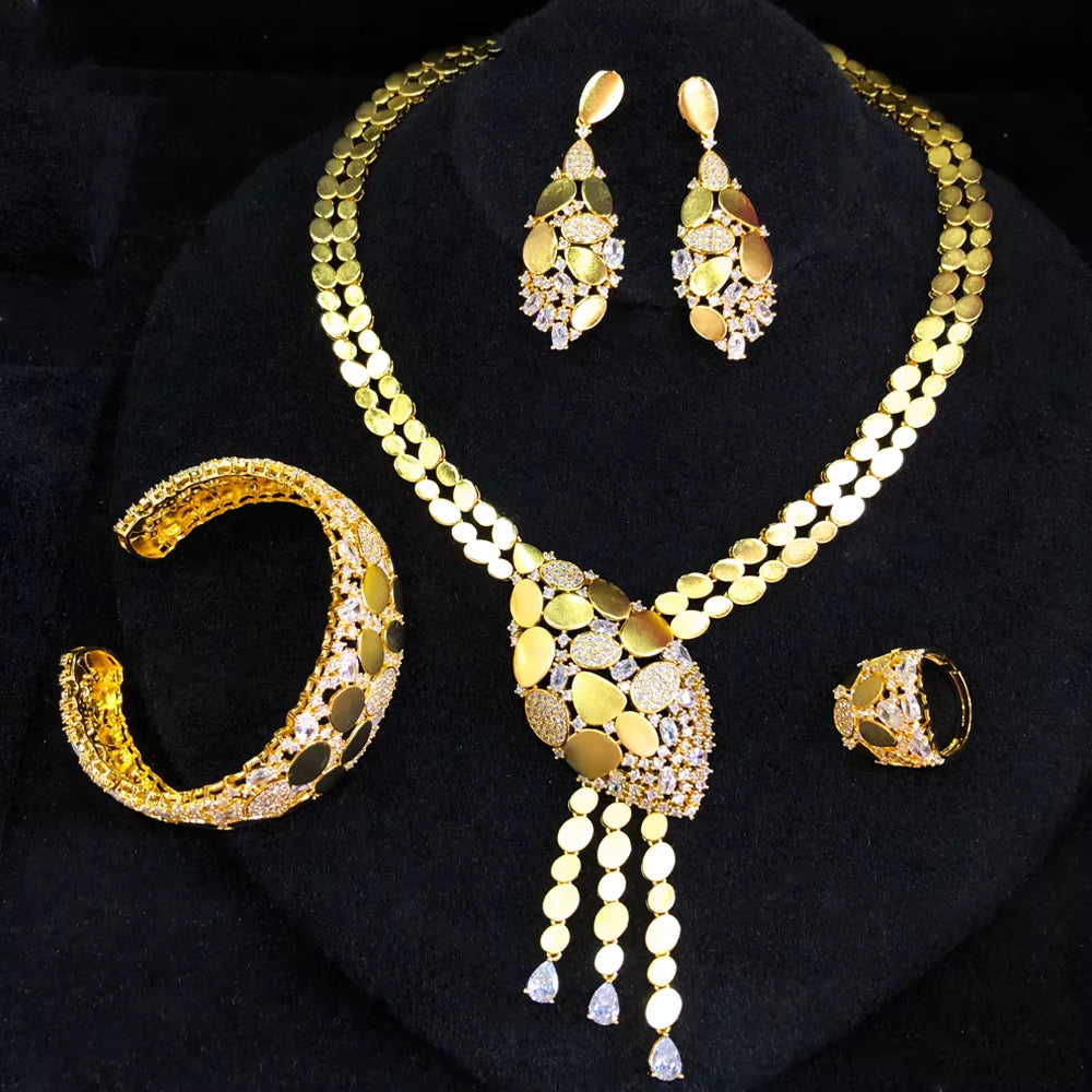 NEW Trendy 4PCS Luxury Tssels Drop Jewelry Set for Women Wedding Cubic Zircon CZ Indian African Dubai Bridal Jewelry