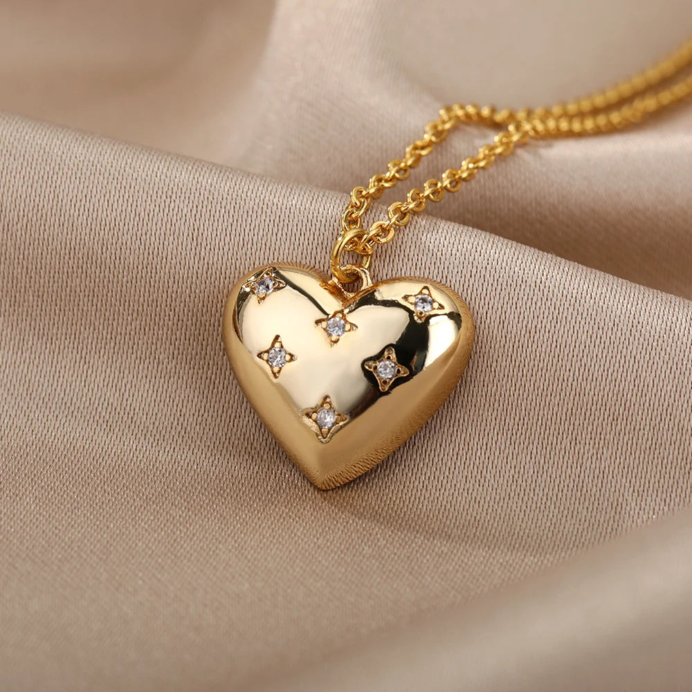 Zircon Heart Necklace for Women Stainless Steel Gold Color Star Girl Chain Collar Necklace Luxury Wedding Jewelry