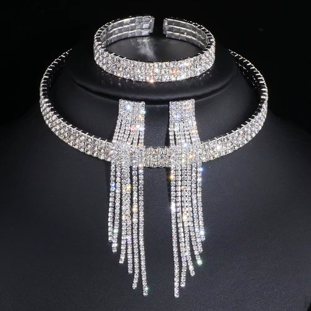 2023 Classic Elegant Tassel Crystal Bridal Jewelry Sets African Rhinestone Wedding Necklace Earrings Bracelet Sets WX081