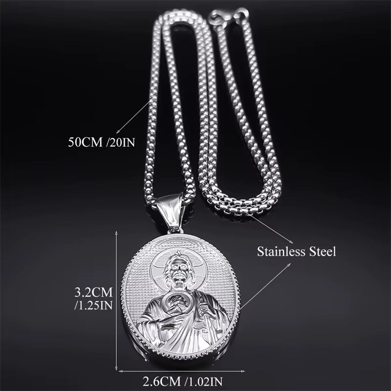 SAINT JUDE Pray for Us Necklace for Women Men Stainless Steel Silver Color Christ Jesus Medal Necklace Jewelry Collar ZZ399