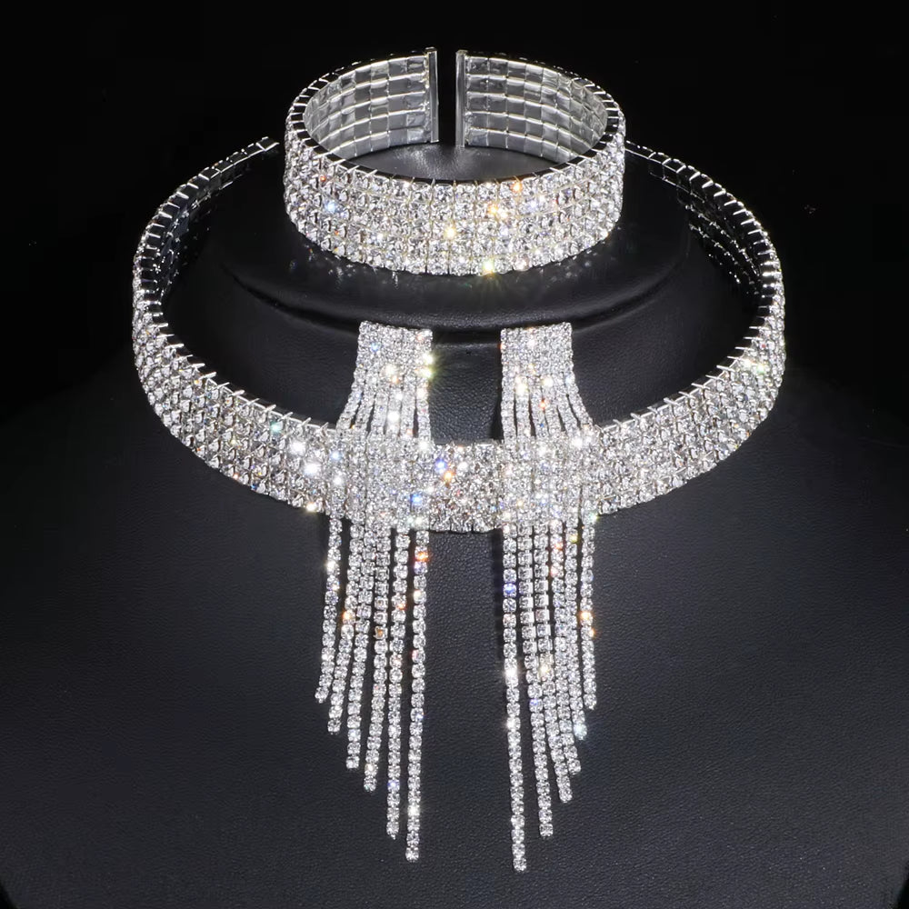 2023 Classic Elegant Tassel Crystal Bridal Jewelry Sets African Rhinestone Wedding Necklace Earrings Bracelet Sets WX081