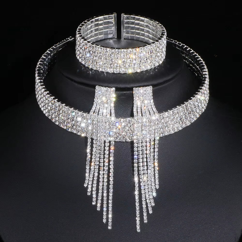 2023 Classic Elegant Tassel Crystal Bridal Jewelry Sets African Rhinestone Wedding Necklace Earrings Bracelet Sets WX081