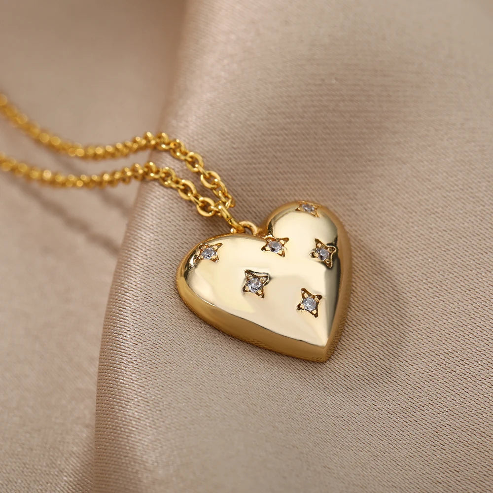 Zircon Heart Necklace for Women Stainless Steel Gold Color Star Girl Chain Collar Necklace Luxury Wedding Jewelry