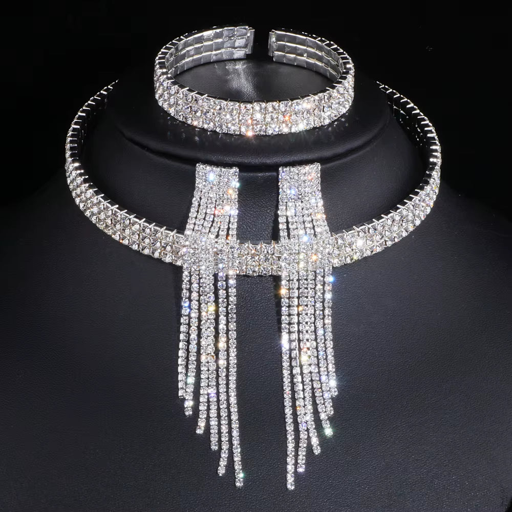 2023 Classic Elegant Tassel Crystal Bridal Jewelry Sets African Rhinestone Wedding Necklace Earrings Bracelet Sets WX081
