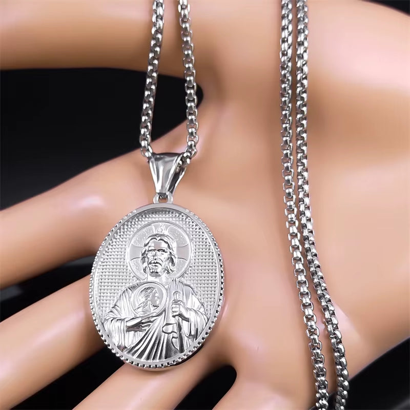 SAINT JUDE Pray for Us Necklace for Women Men Stainless Steel Silver Color Christ Jesus Medal Necklace Jewelry Collar ZZ399