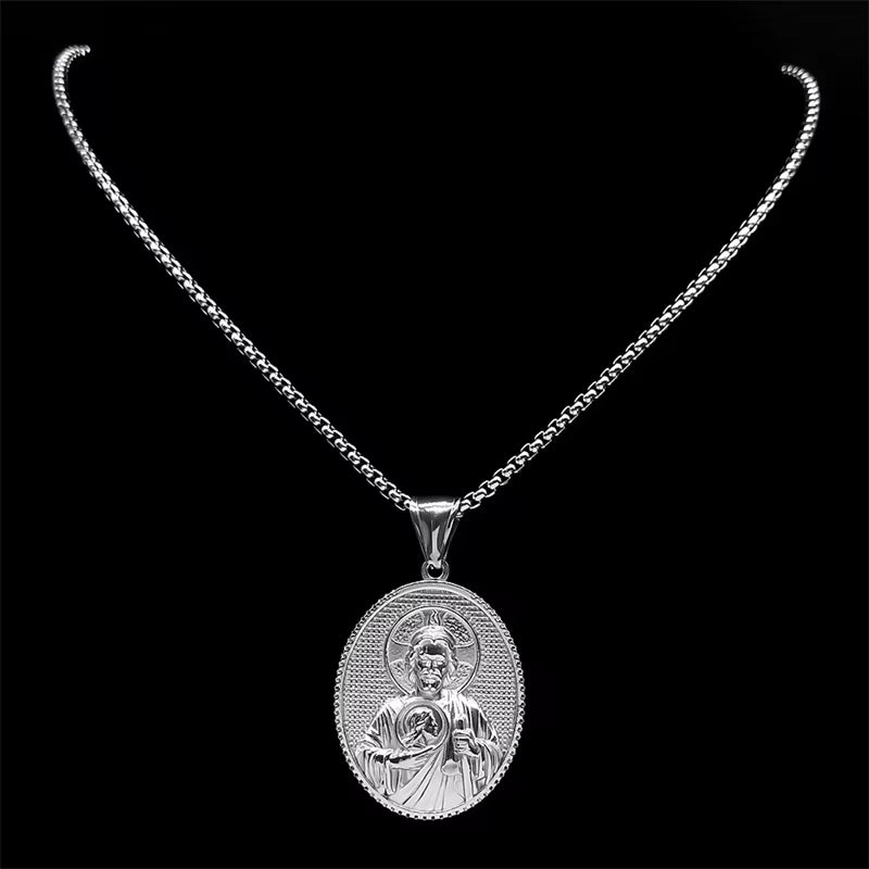 SAINT JUDE Pray for Us Necklace for Women Men Stainless Steel Silver Color Christ Jesus Medal Necklace Jewelry Collar ZZ399