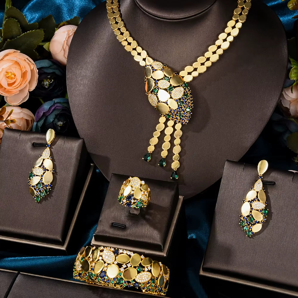 NEW Trendy 4PCS Luxury Tssels Drop Jewelry Set for Women Wedding Cubic Zircon CZ Indian African Dubai Bridal Jewelry