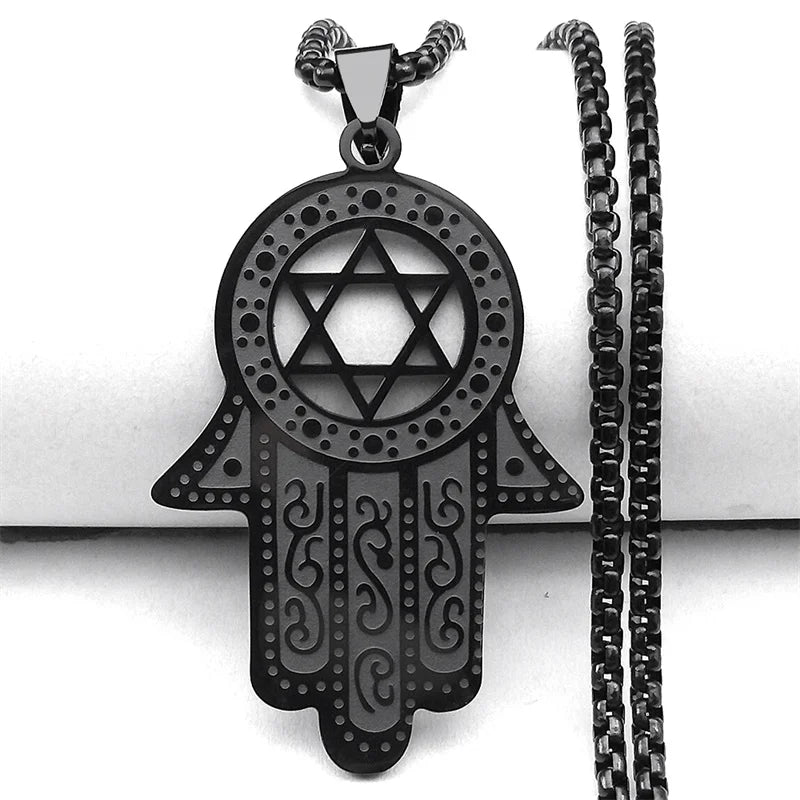 Blue Turkish Demon Eye Hamasa Hand Stainless Steel Hand of Fatima Necklace Women Men Necklace Jewelry Collares Mujer N1139S02