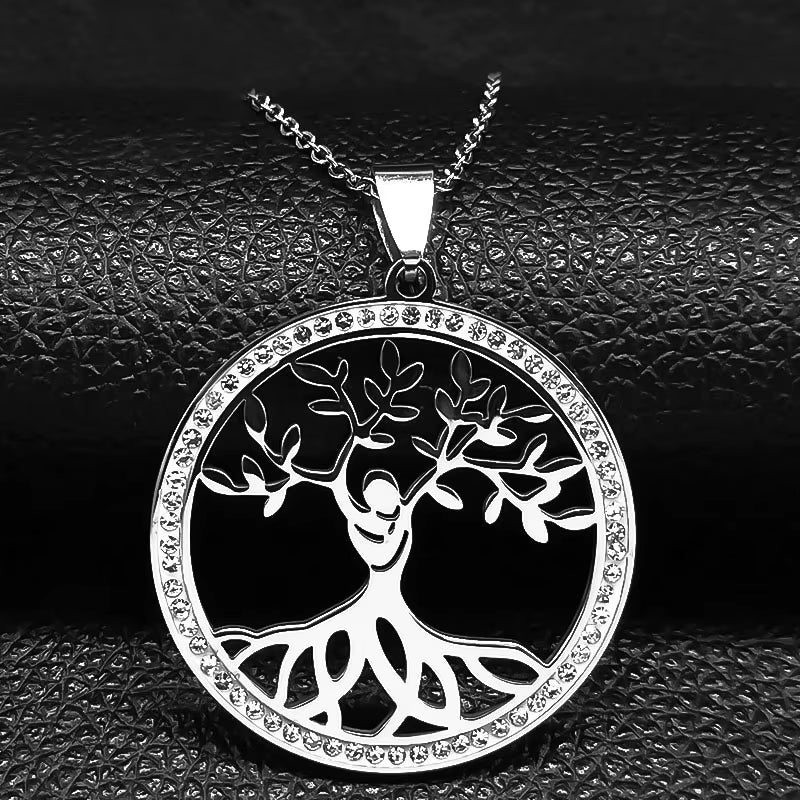 Tree of Life Crystal Stainless Steel Statement Necklace Women Silver Color Necklace Jewelry Christmas Gift Collar Mujer N49S03