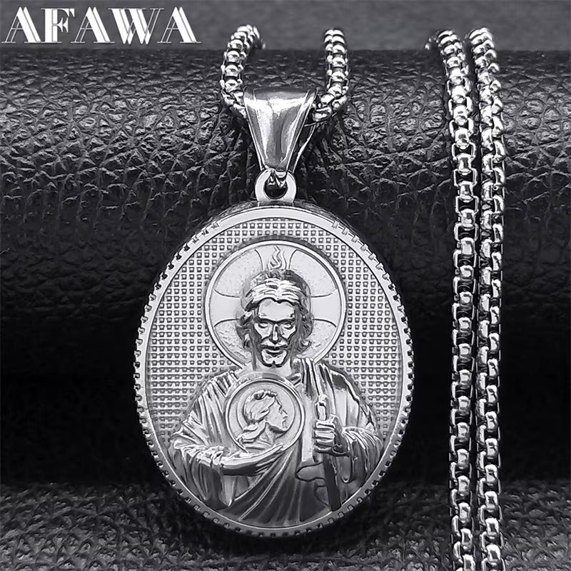 SAINT JUDE Pray for Us Necklace for Women Men Stainless Steel Silver Color Christ Jesus Medal Necklace Jewelry Collar ZZ399