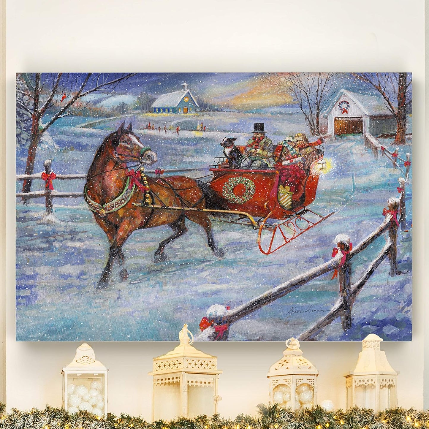 Xmas Canvas Wall Art Paintings Ruane Manning Sleigh Bells Christmas Ride Abstract Art Wall Hanging Prints for Bedroom Dining Living Room Office Home Kitchen Decor - 24"X36" LT18