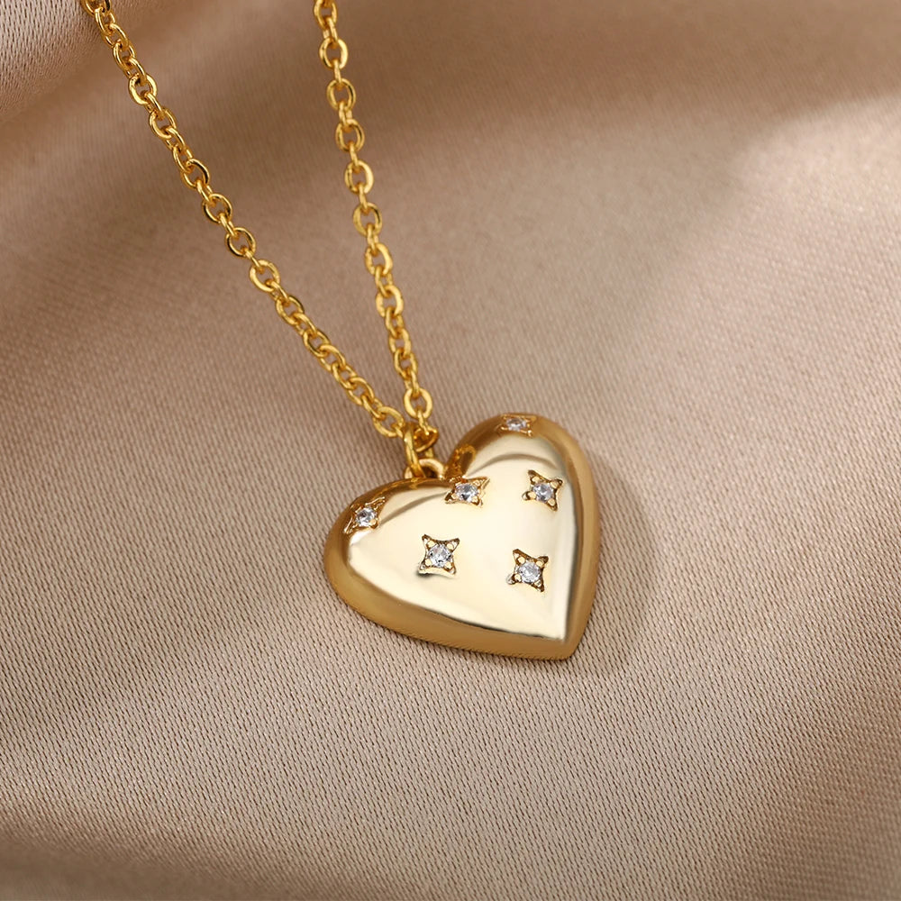 Zircon Heart Necklace for Women Stainless Steel Gold Color Star Girl Chain Collar Necklace Luxury Wedding Jewelry