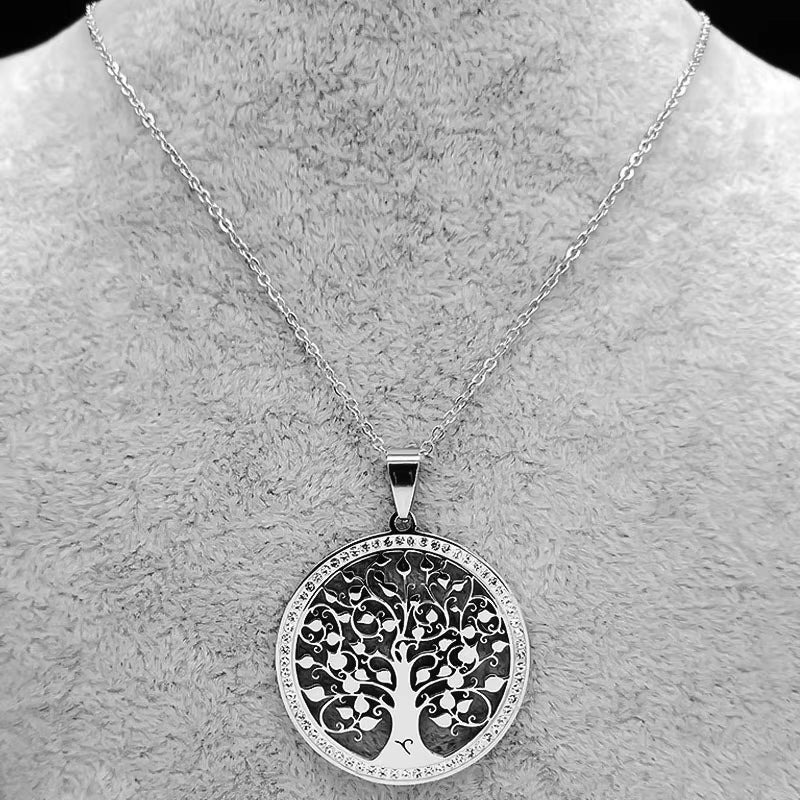 Tree of Life Crystal Stainless Steel Statement Necklace Women Silver Color Necklace Jewelry Christmas Gift Collar Mujer N49S03