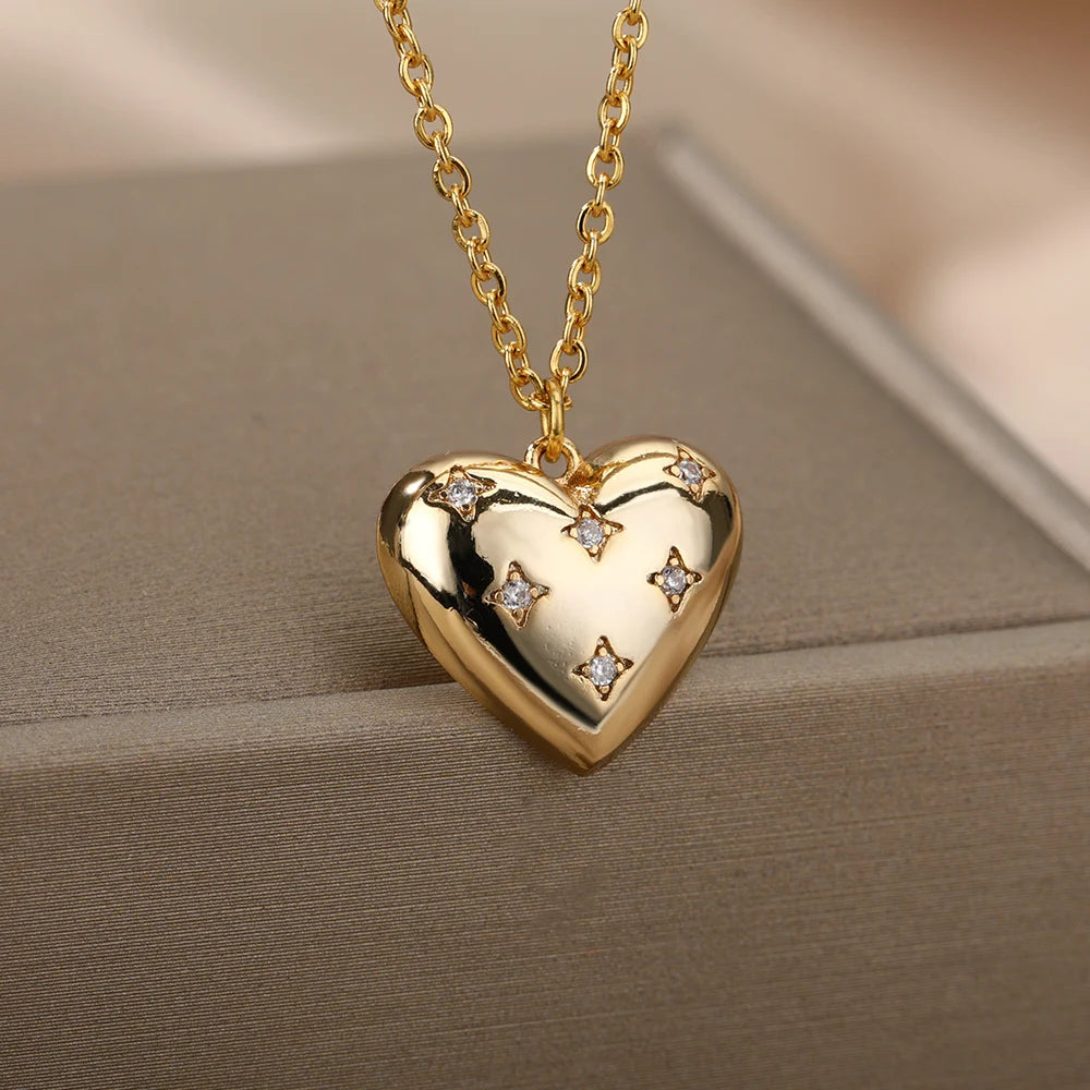 Zircon Heart Necklace for Women Stainless Steel Gold Color Star Girl Chain Collar Necklace Luxury Wedding Jewelry
