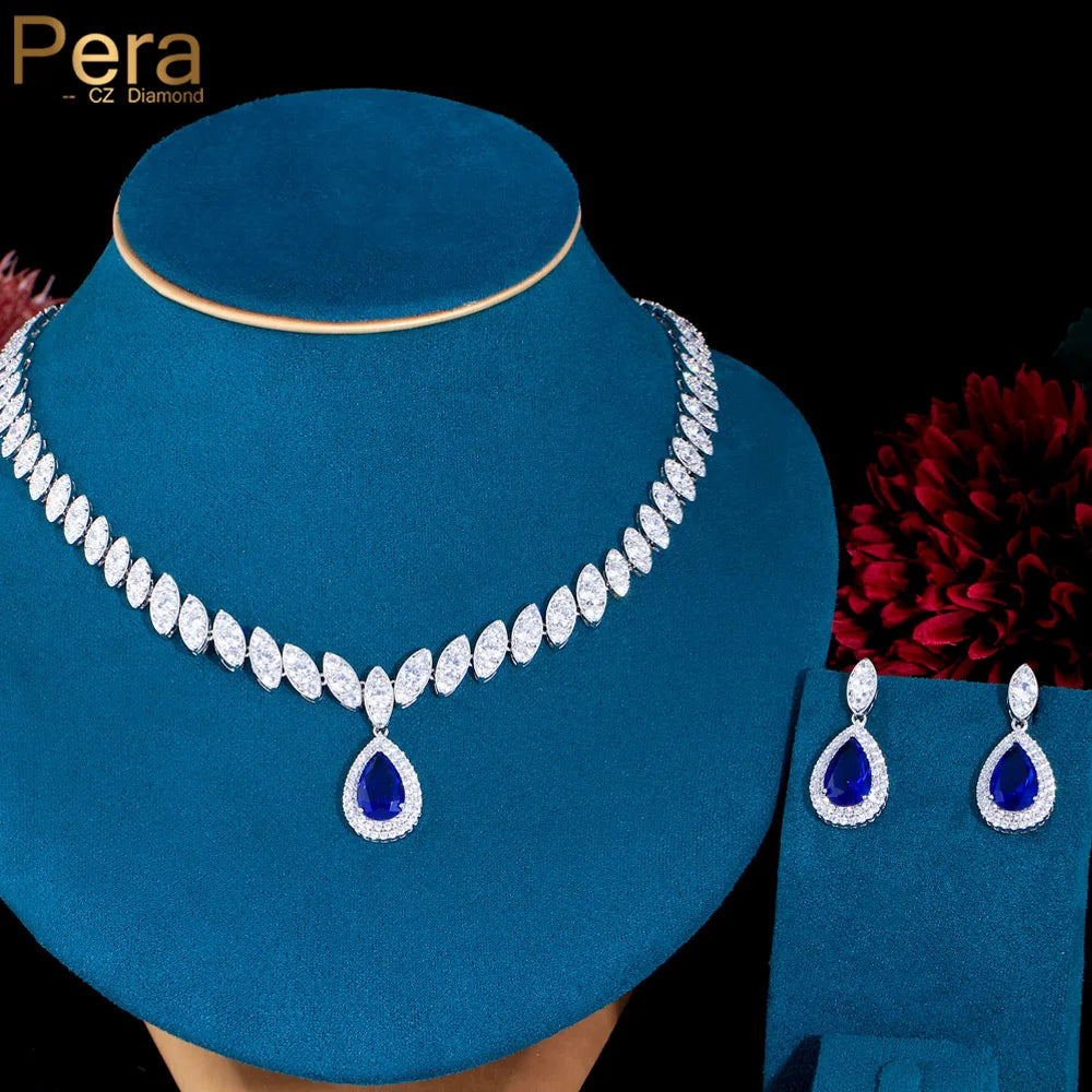 Pera Gorgeous Bridesmaid Accessories Royal Blue Cubic Zirconia Bridal Wedding Water Drop Necklace Jewelry Sets for Women J048