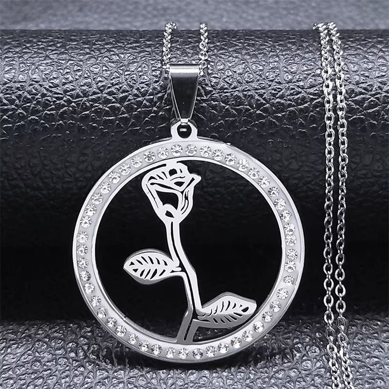 Tree of Life Crystal Stainless Steel Statement Necklace Women Silver Color Necklace Jewelry Christmas Gift Collar Mujer N49S03