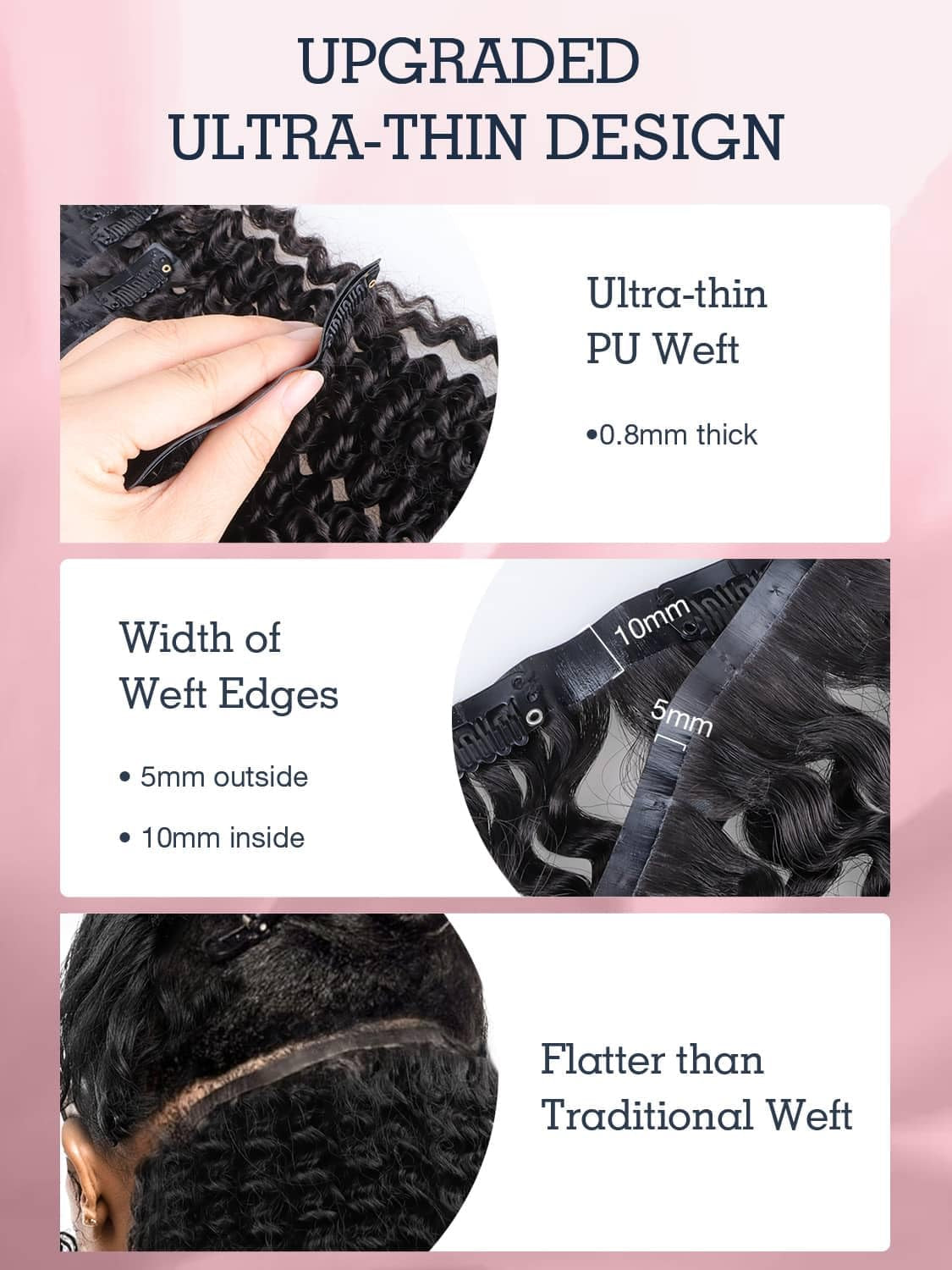 Seamless Clip in Hair Extensions - Human Hair Kinky Curly, 14 Inch 110G Natural Black, Ultra-Thin 0.8Mm PU Weft Real Human Hair Clip Ins