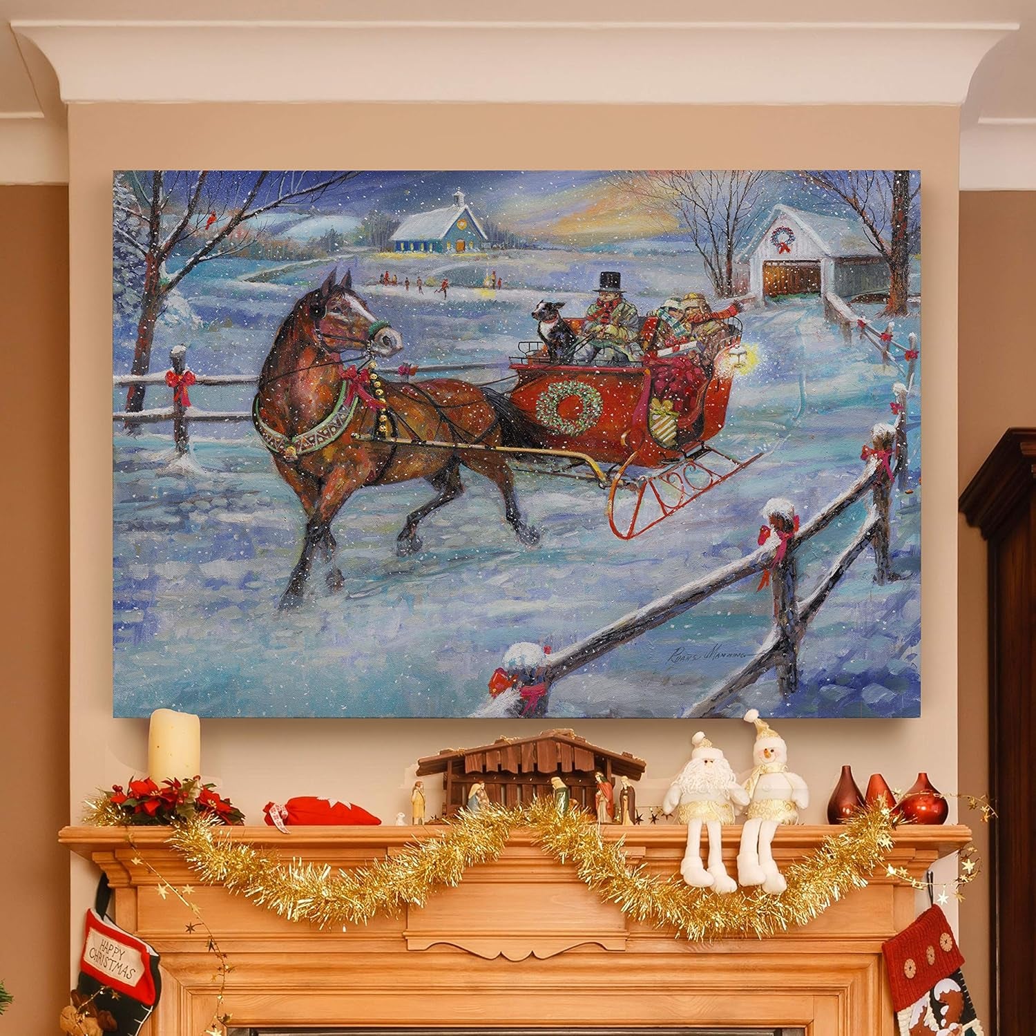 Xmas Canvas Wall Art Paintings Ruane Manning Sleigh Bells Christmas Ride Abstract Art Wall Hanging Prints for Bedroom Dining Living Room Office Home Kitchen Decor - 24"X36" LT18