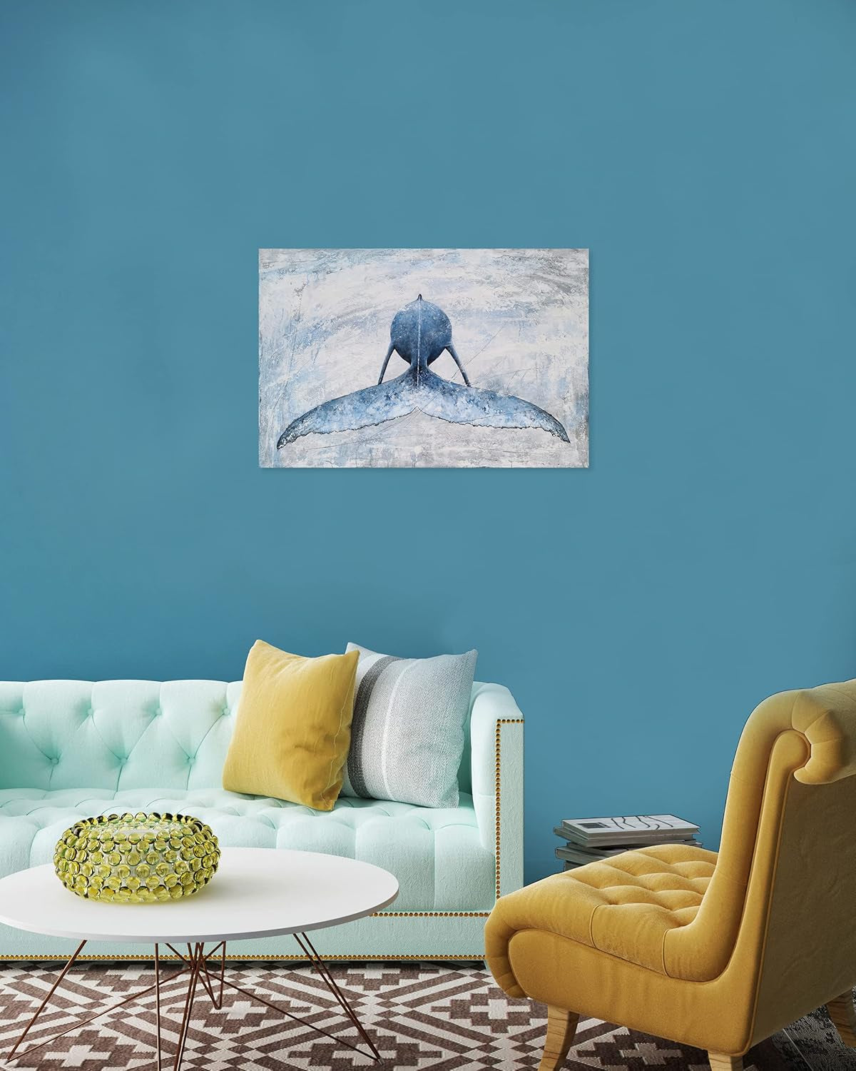 Coastal Canvas Wall Art - Blue and White Whale Paintings - Modern Abstract Tropical Fish Pictures with Textured for Bathroom Bedroom Living Room Decor