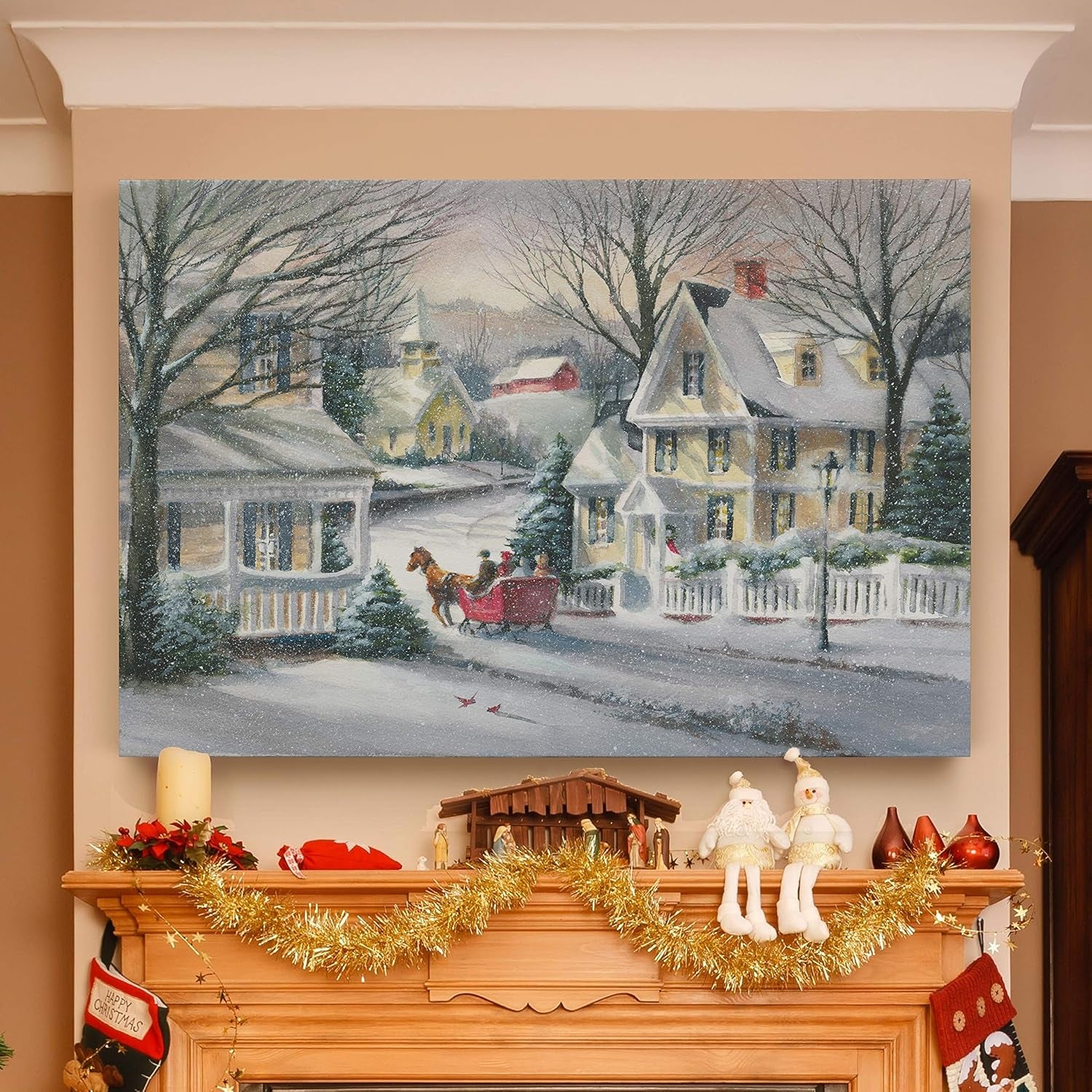 Canvas Wall Art Paintings for Home Decorations Snowy Village Sleigh Ride Wall Hanging Abstract Prints for Bedroom Dining Living Room Office Home Kitchen Wall Decor - 24"X36" LT18