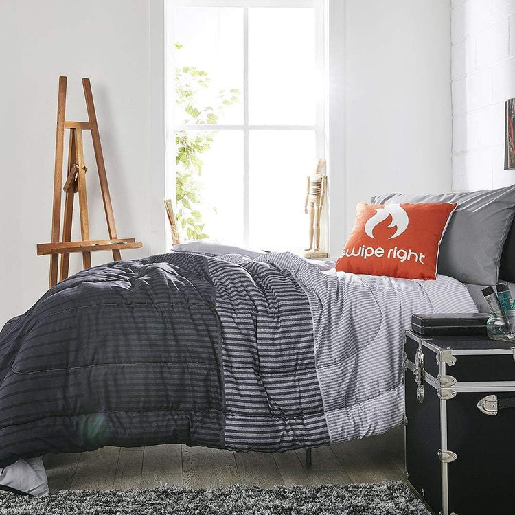 Preferred Dorm Essentials Value Pack - 23 Piece Twin XL Set | Twin XL | Comforter, Sheets, Pad, Topper, Towels, Organization, Storage | Preston Black and Gray | Graphic Black, Gray and White