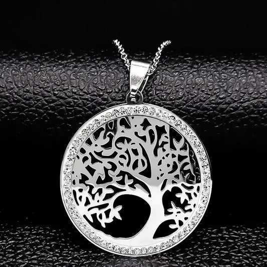Tree of Life Crystal Stainless Steel Statement Necklace Women Silver Color Necklace Jewelry Christmas Gift Collar Mujer N49S03