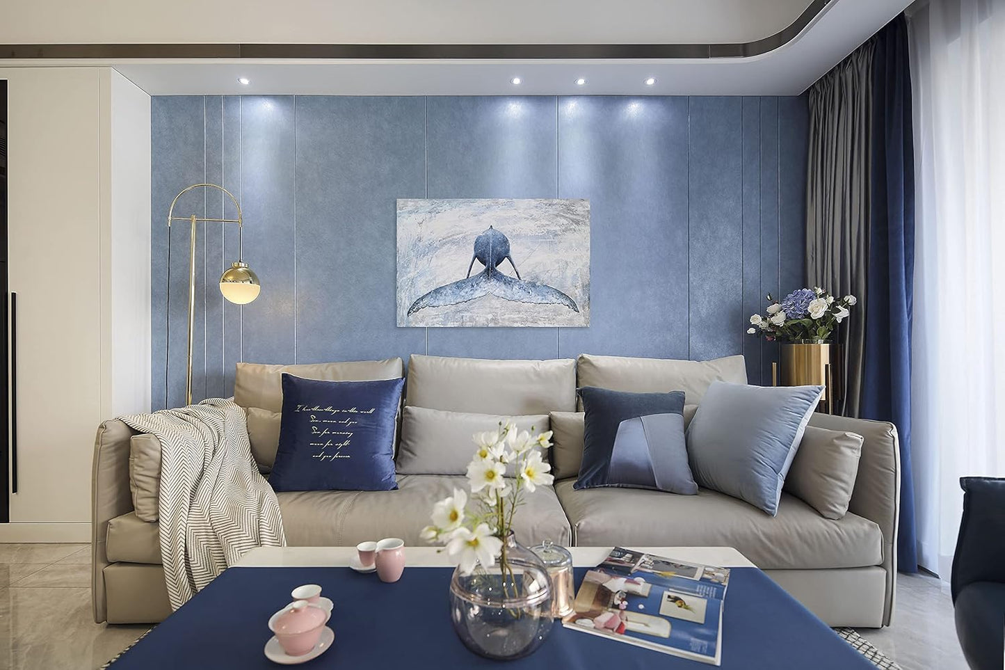 Coastal Canvas Wall Art - Blue and White Whale Paintings - Modern Abstract Tropical Fish Pictures with Textured for Bathroom Bedroom Living Room Decor