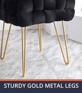Mirage Modern Contemporary Square Woven Upholstered Velvet Ottoman with Gold Metal Legs - Black