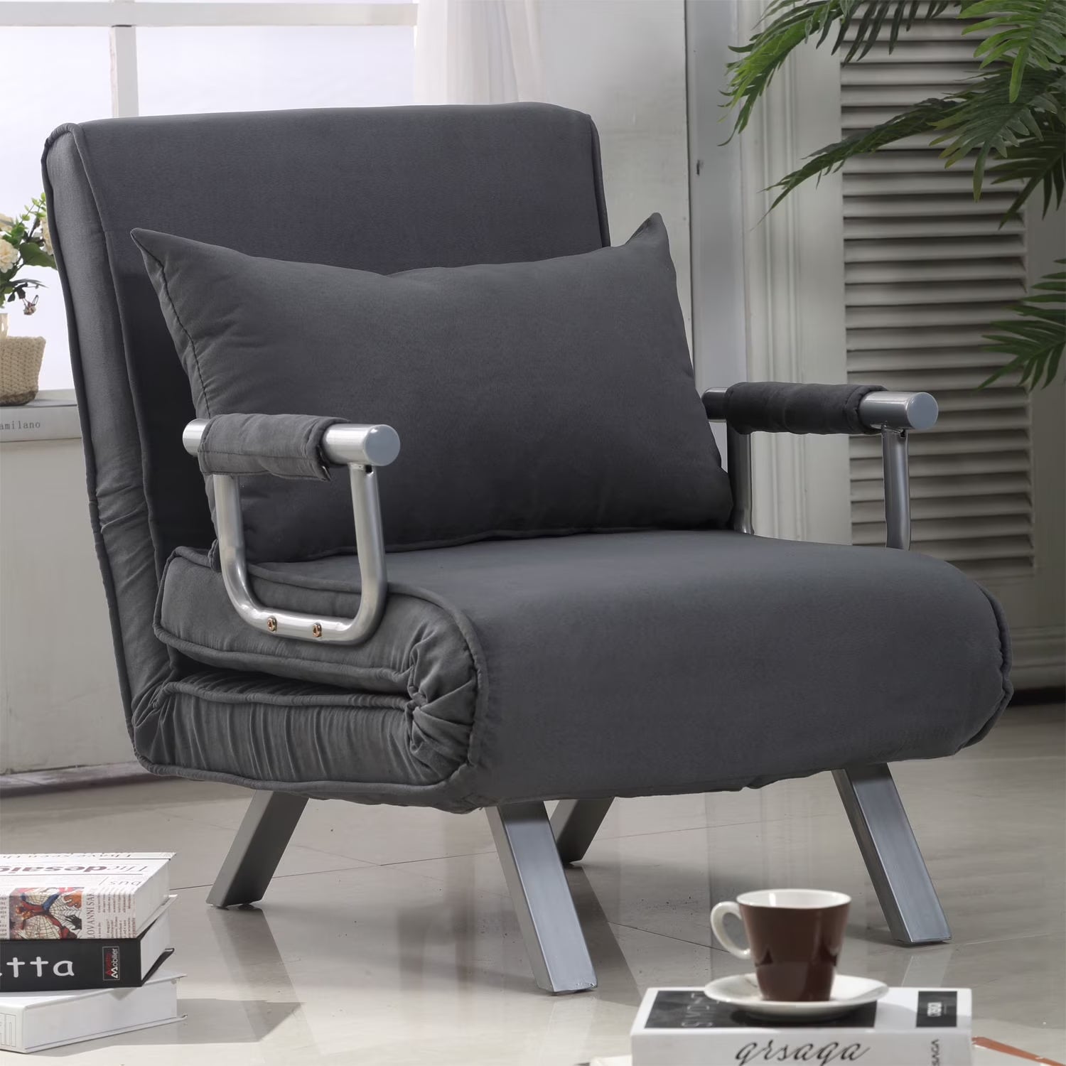 Folding Convertible Sleeper Bed Chair, Living Room, Den, or Dorm Room, Gray
