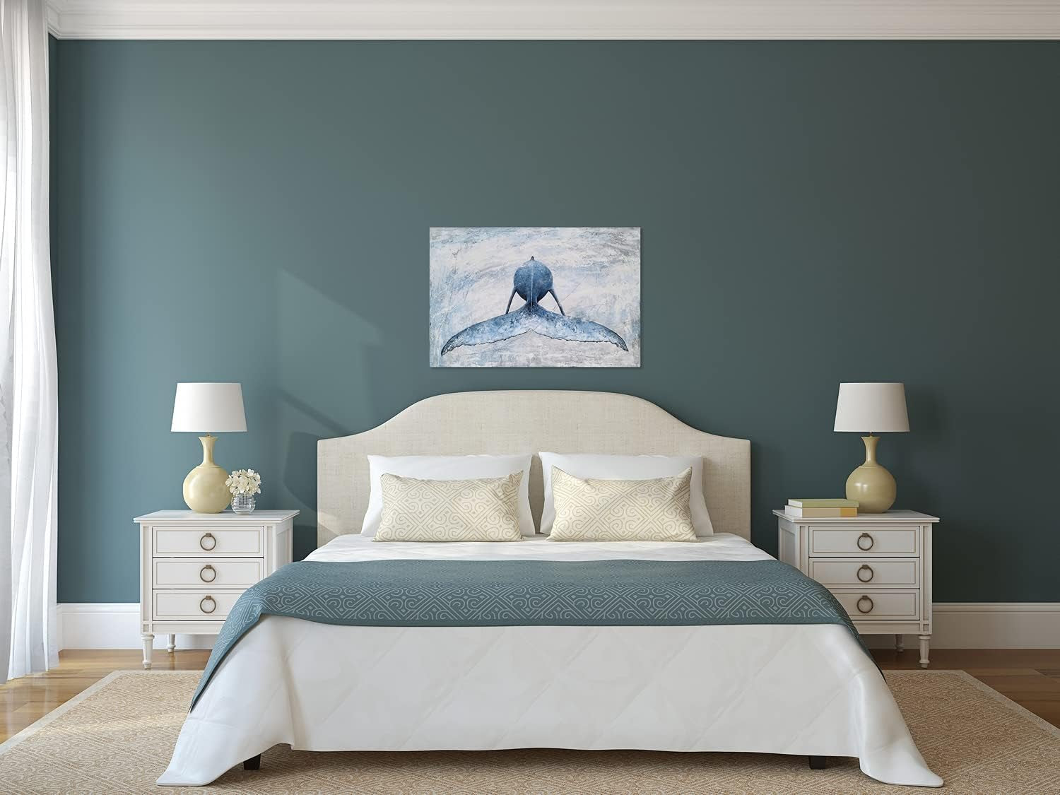 Coastal Canvas Wall Art - Blue and White Whale Paintings - Modern Abstract Tropical Fish Pictures with Textured for Bathroom Bedroom Living Room Decor