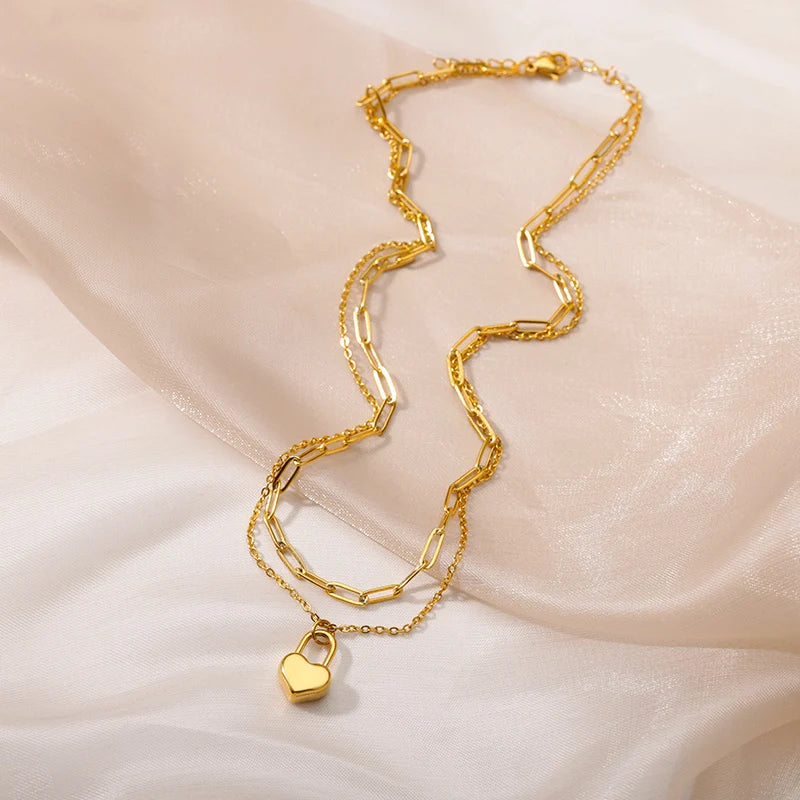 Stainless Steel Heart Necklaces for Women Multilayer Chain Gold Plated Heart Pendant Necklace Wedding Jewelry Gift BFF 2023