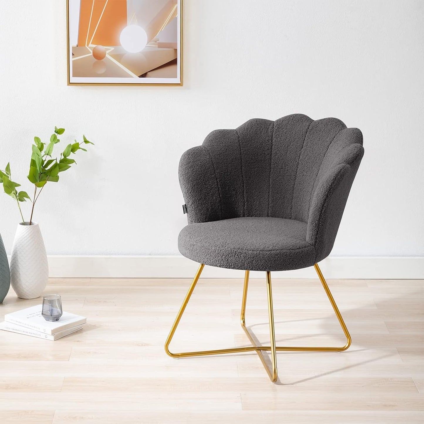 Faux Fur Vanity Accent Chair, Furry Makeup Chair with Back for Bedroom Makeup Room, Shell Shaped Living Room Chair Corner Chair with Golden Metal Legs, Grey