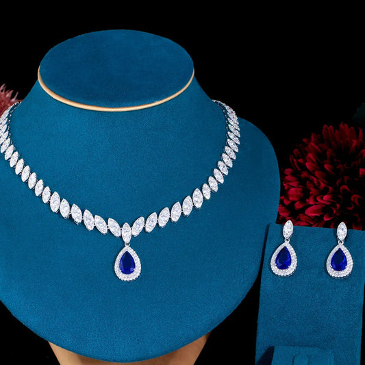 Pera Gorgeous Bridesmaid Accessories Royal Blue Cubic Zirconia Bridal Wedding Water Drop Necklace Jewelry Sets for Women J048