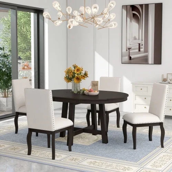 Round Dining Table Set,(5-Piece)Wood Farmhouse round Extendable Dining Table and 4 Upholstered Dining Chairs for 4 to 6 Person, Dining Room Table Set for Kitchen Room Dining Room(Espresso)