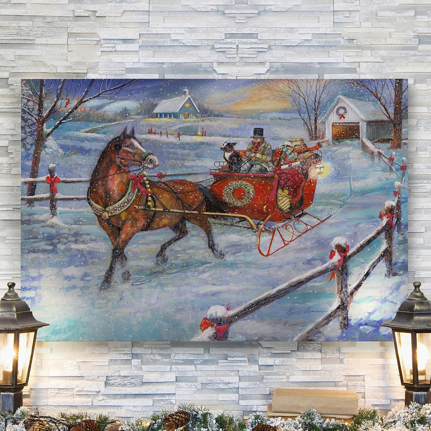 Xmas Canvas Wall Art Paintings Ruane Manning Sleigh Bells Christmas Ride Abstract Art Wall Hanging Prints for Bedroom Dining Living Room Office Home Kitchen Decor - 24"X36" LT18