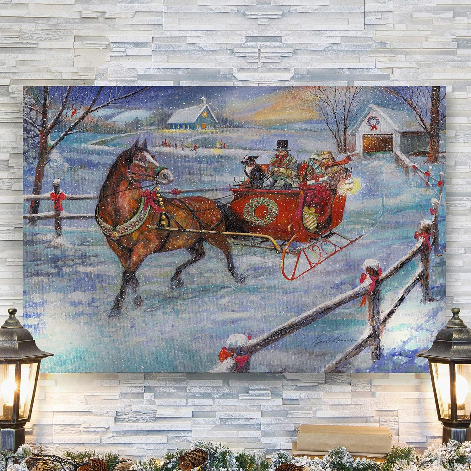 Xmas Canvas Wall Art Paintings Ruane Manning Sleigh Bells Christmas Ride Abstract Art Wall Hanging Prints for Bedroom Dining Living Room Office Home Kitchen Decor - 24"X36" LT18