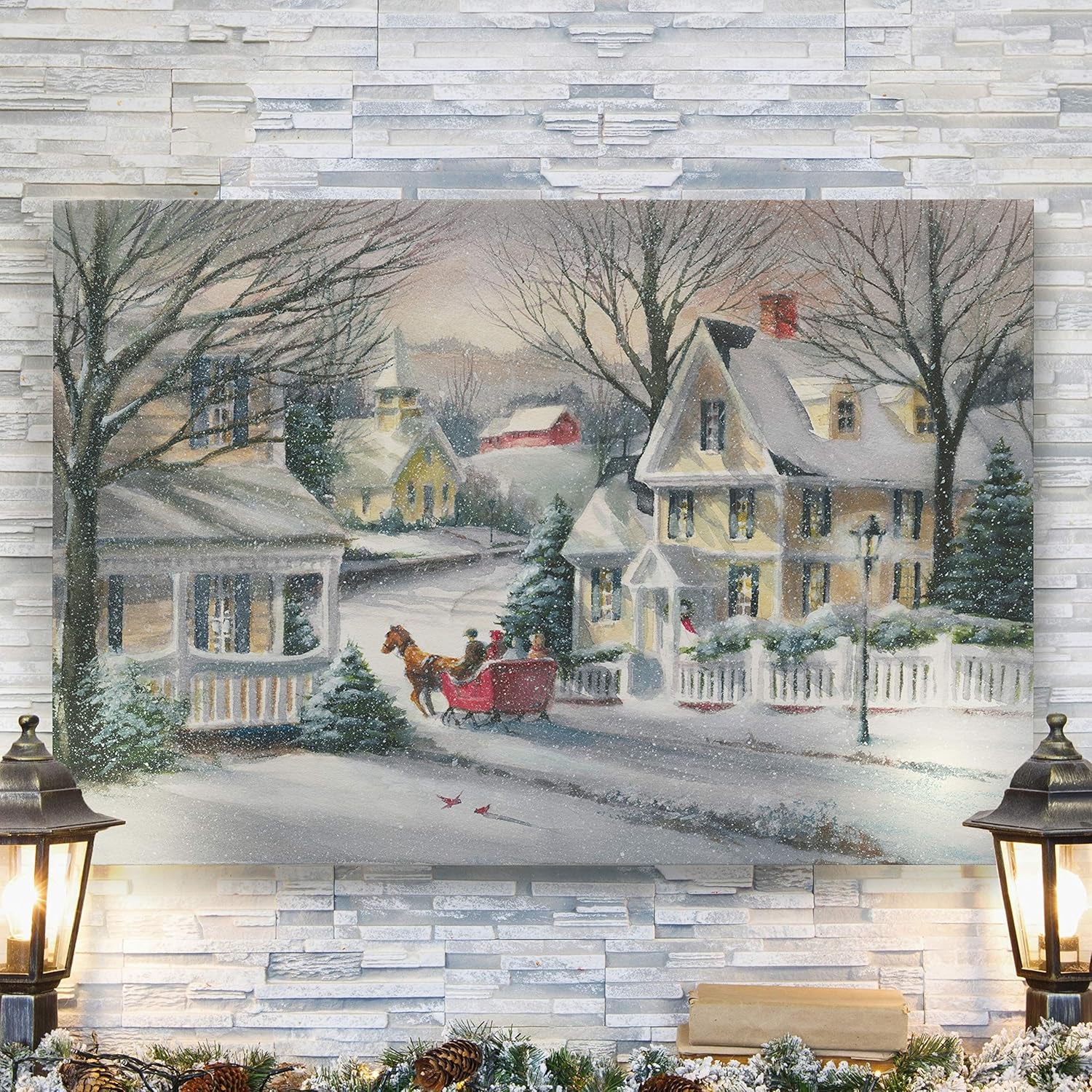 Canvas Wall Art Paintings for Home Decorations Snowy Village Sleigh Ride Wall Hanging Abstract Prints for Bedroom Dining Living Room Office Home Kitchen Wall Decor - 24"X36" LT18