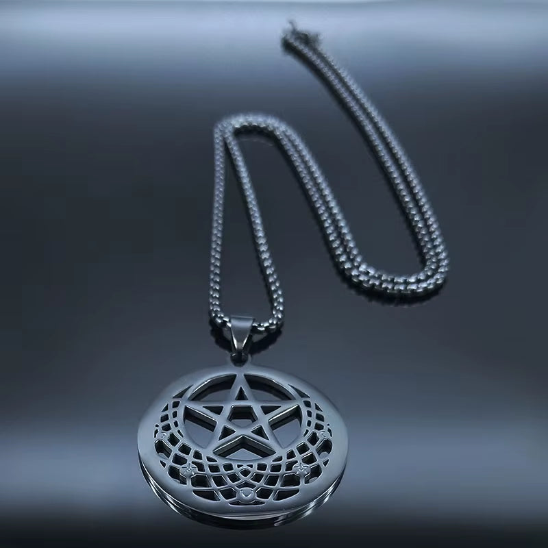 Triple Moon Goddess Sun Pentagram Stainless Steel Hecate Necklaces Witch Luna Necklace Jewelry Esotericos Y Brujeria N427