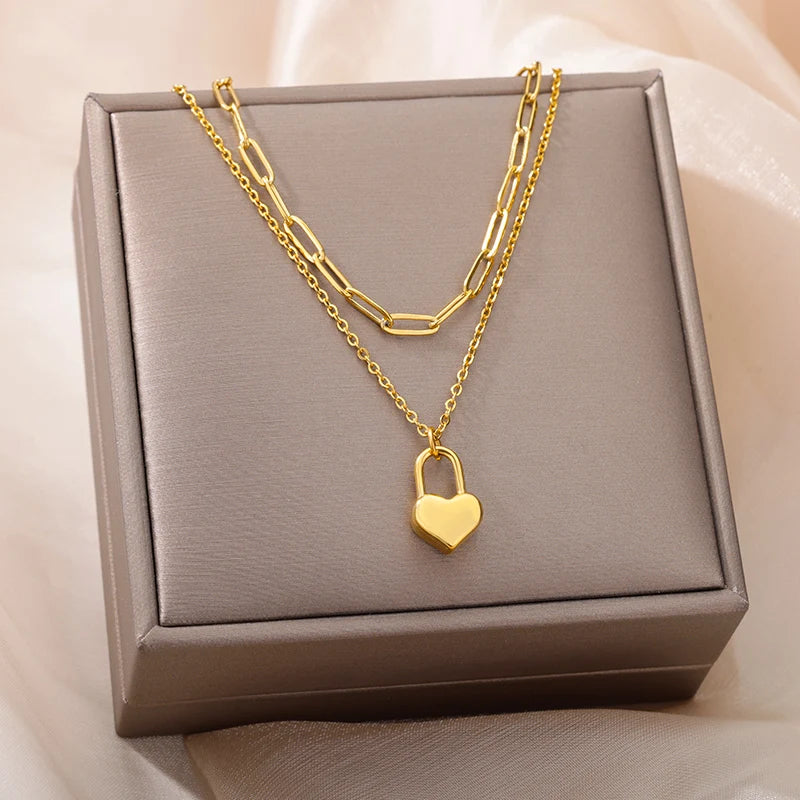 Stainless Steel Heart Necklaces for Women Multilayer Chain Gold Plated Heart Pendant Necklace Wedding Jewelry Gift BFF 2023