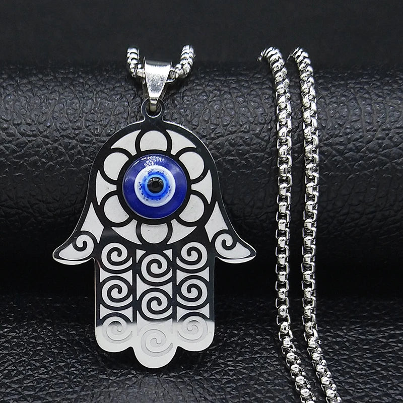 Blue Turkish Demon Eye Hamasa Hand Stainless Steel Hand of Fatima Necklace Women Men Necklace Jewelry Collares Mujer N1139S02
