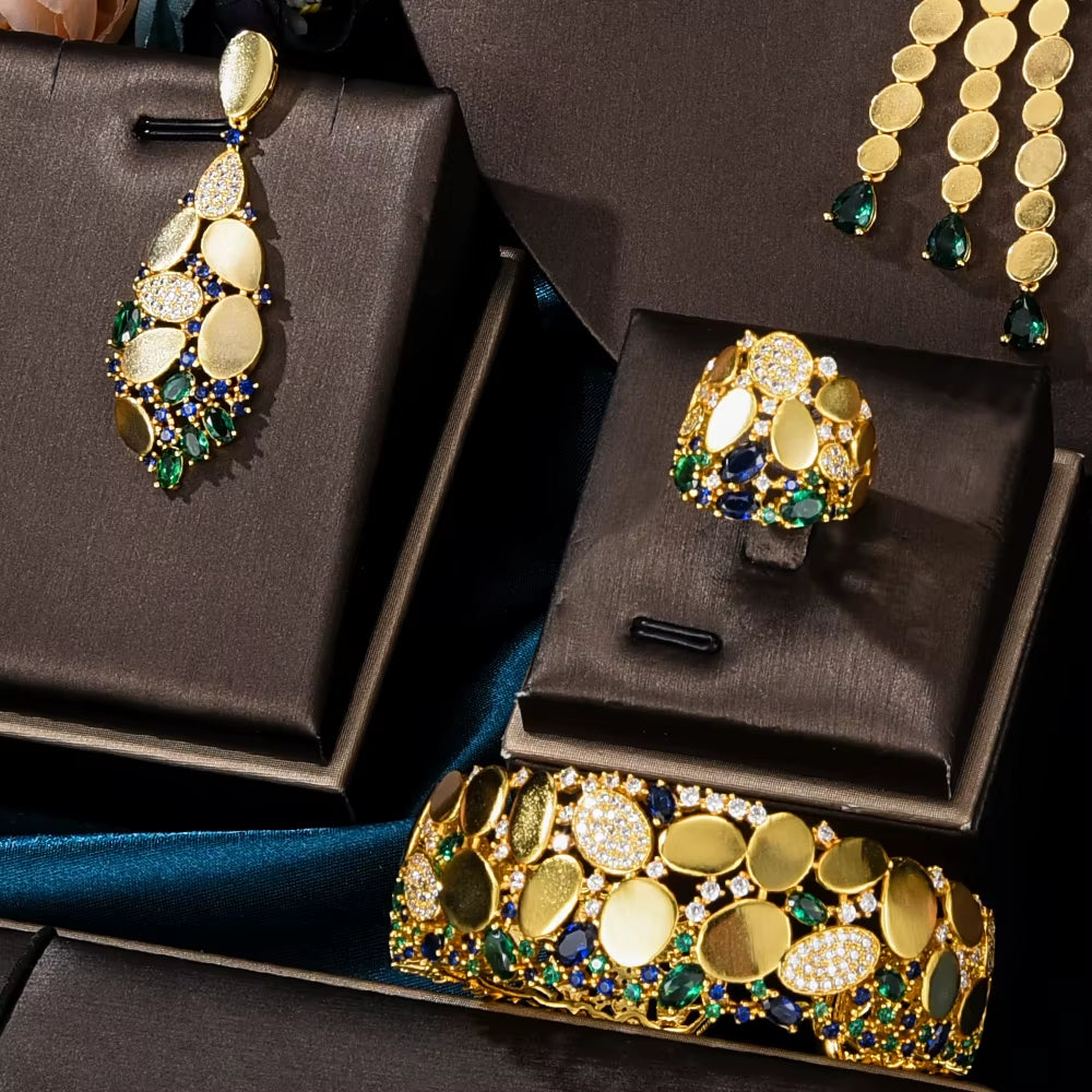 NEW Trendy 4PCS Luxury Tssels Drop Jewelry Set for Women Wedding Cubic Zircon CZ Indian African Dubai Bridal Jewelry
