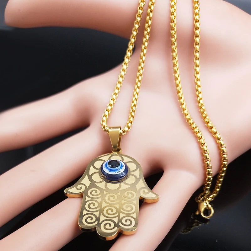 Blue Turkish Demon Eye Hamasa Hand Stainless Steel Hand of Fatima Necklace Women Men Necklace Jewelry Collares Mujer N1139S02