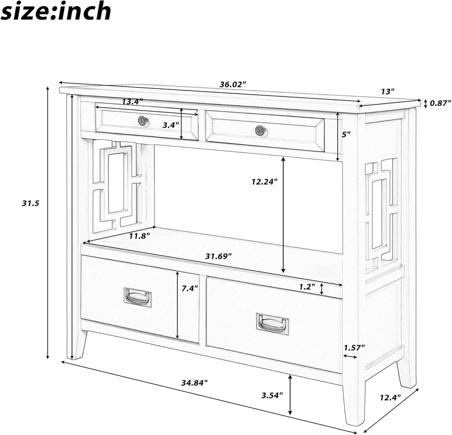 36" Wood Console Table with 4 Drawer,2 Tier Console Table with Bottom Shelf for Entryway Hallyway Sofa Table for Bedroom Living Room