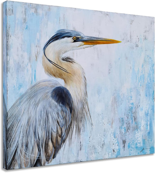 Heron Canvas Wall Art with Textured - Modern Bird Paintings in Teal and Grey Color - Abstract Cormorant Pictures for Living Room Bedroom Bathroom Decor