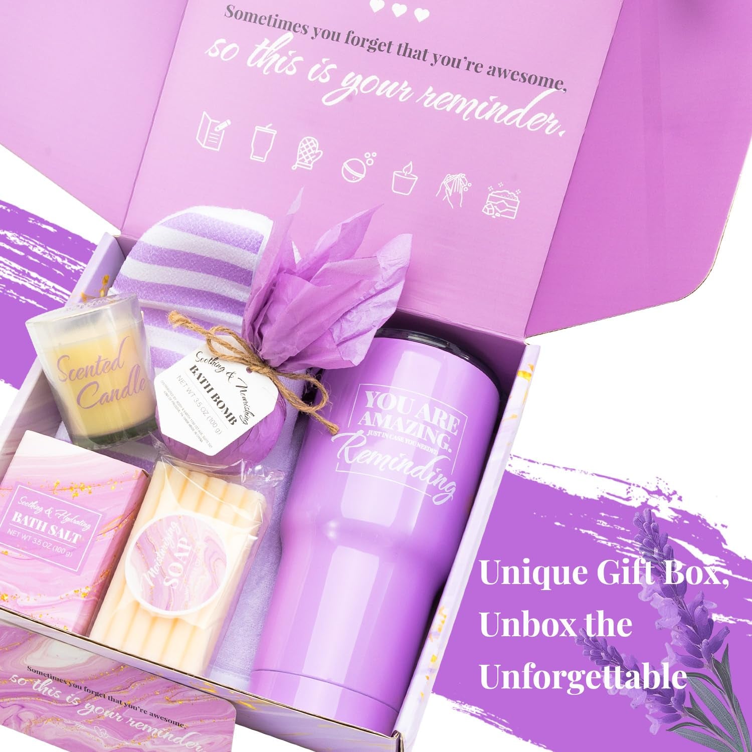 Self Care Gifts for Women Get Well Soon Gifts, Purple Birthday Gift Baskets, 8Pcs Lavender Bath and Body Sets with 20Oz Vacuum Insulated Tumbler Mother&