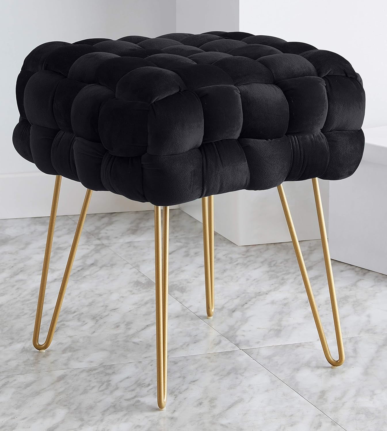 Mirage Modern Contemporary Square Woven Upholstered Velvet Ottoman with Gold Metal Legs - Black